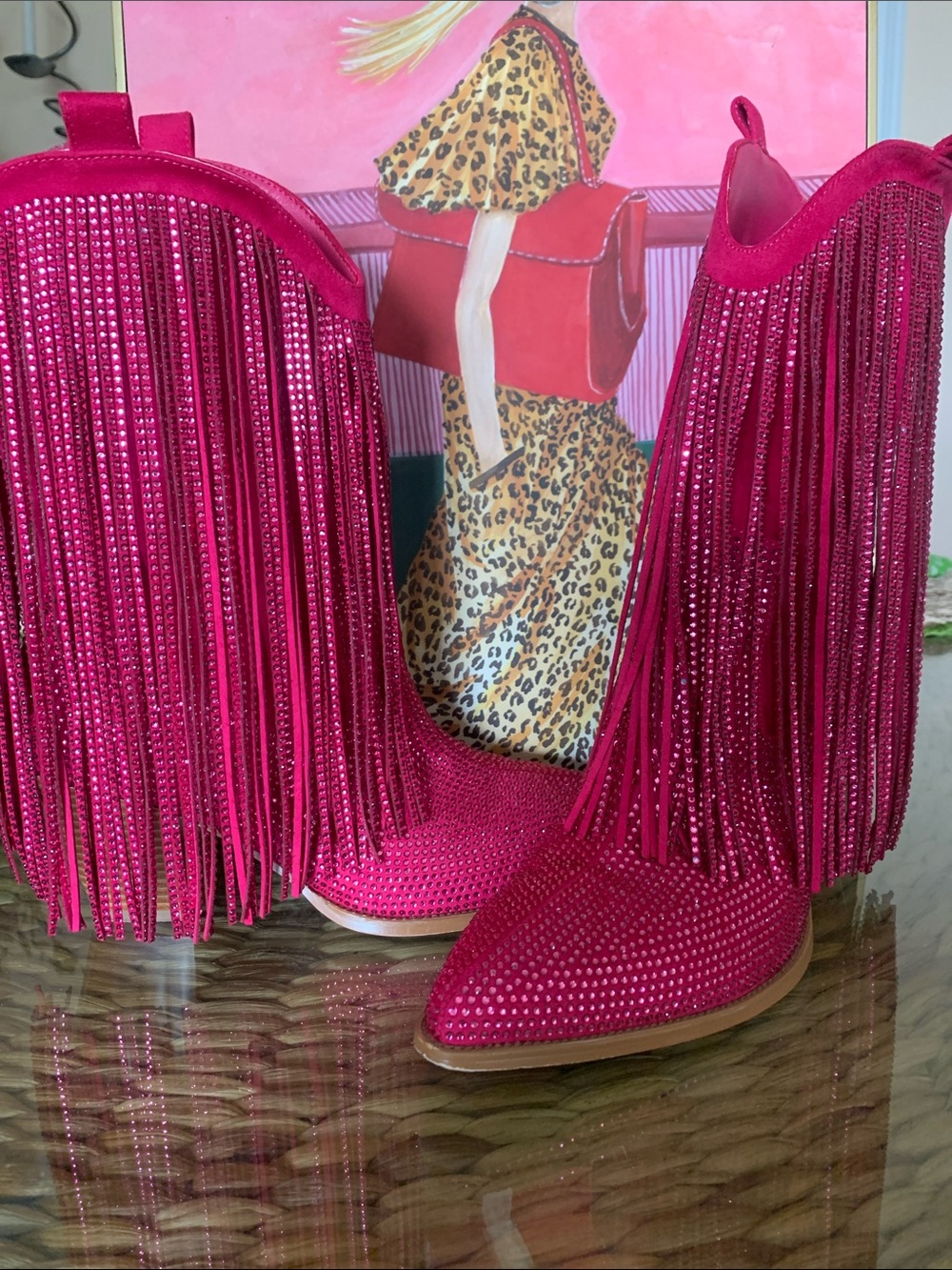 Quepiano Fringed Hot Pink Rhinestone Ankle Boots